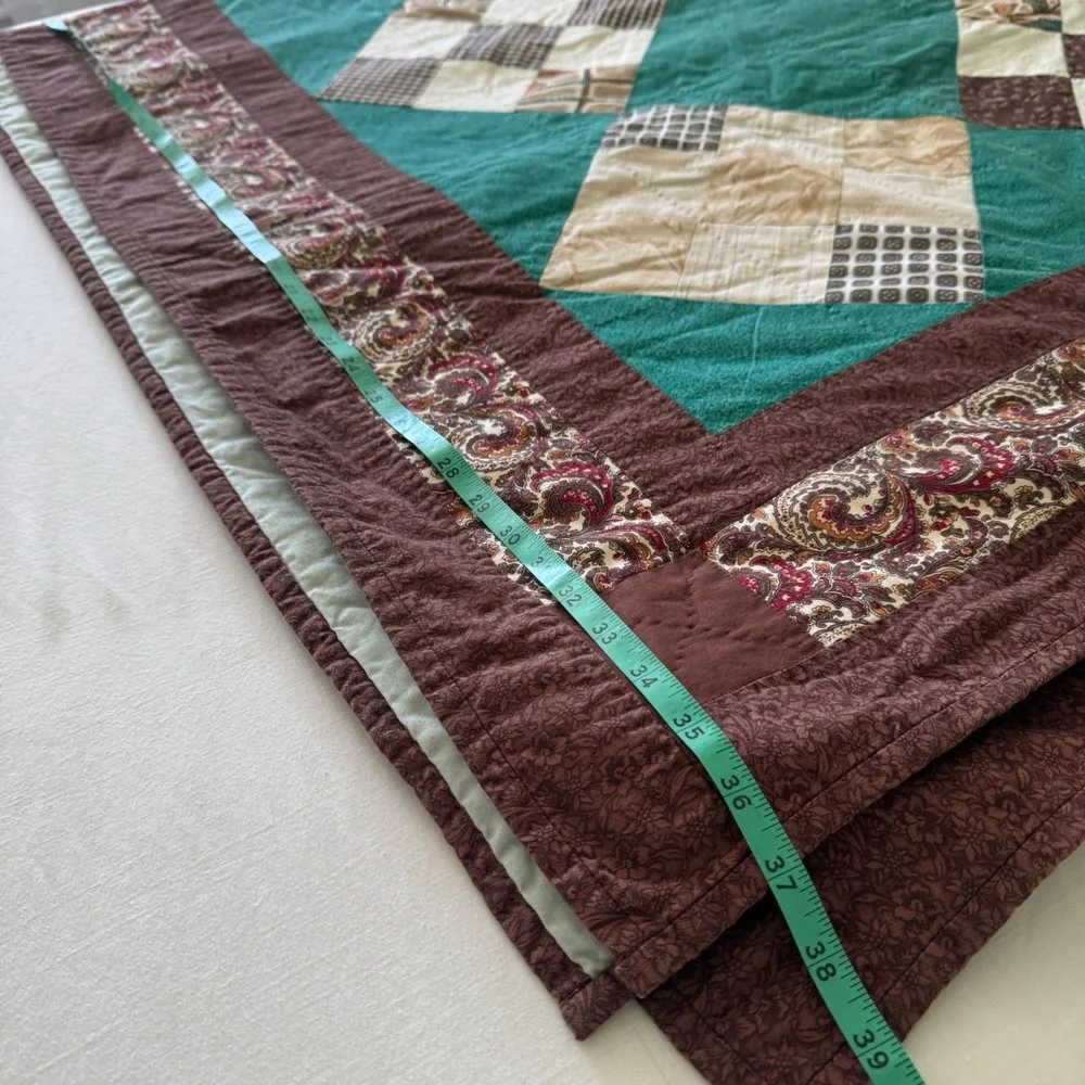 Handmade Patchwork Quilt Teal Brown Paisley Reversible Queen King 78x102